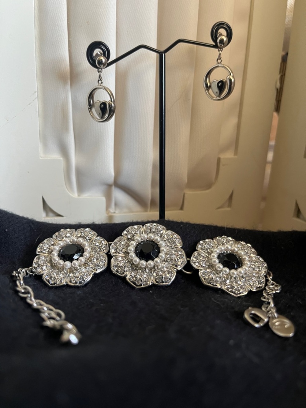 Charming Charlie Silver-Tone Black Floral Bracelet with bonus earrings